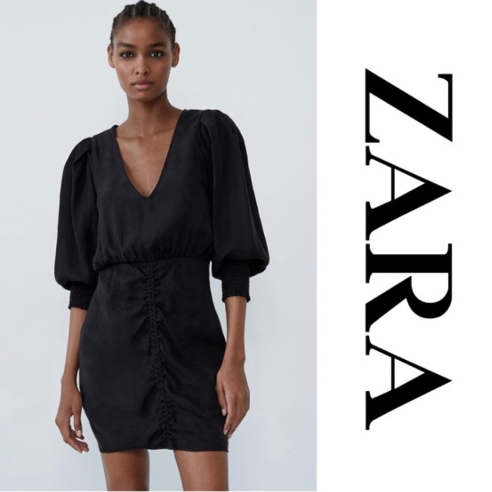 Zara Voluminous Sleeve Black V Neck Mini Dress Size XS